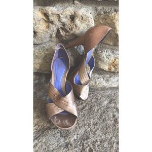 SERGIO ROSSI Gold Leather Satin Peep Toe Platform Stiletto Pumps High 38 Or 7.5
